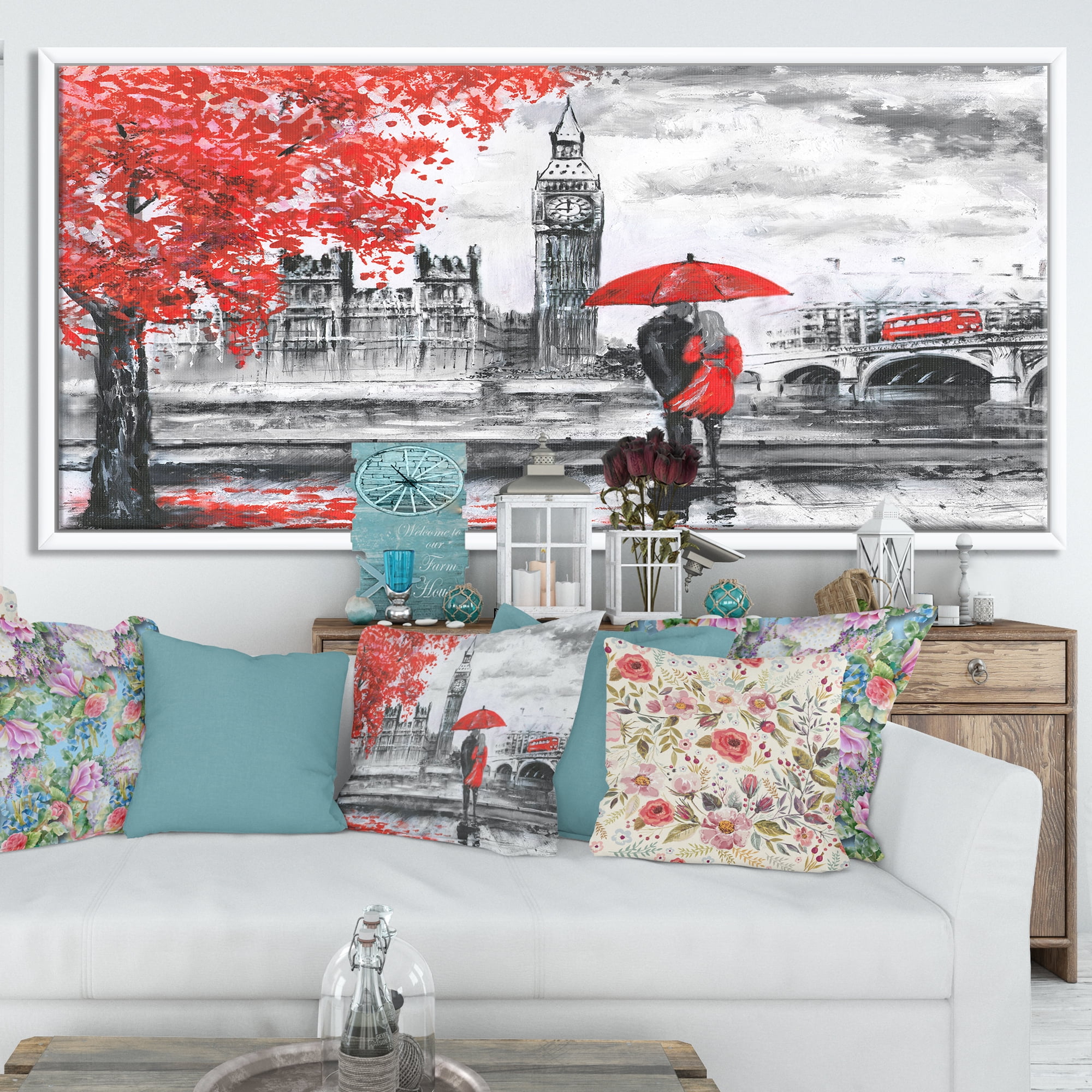 Designart ' Couples Walking in London ' Large landscape Framed Canvas Art Print