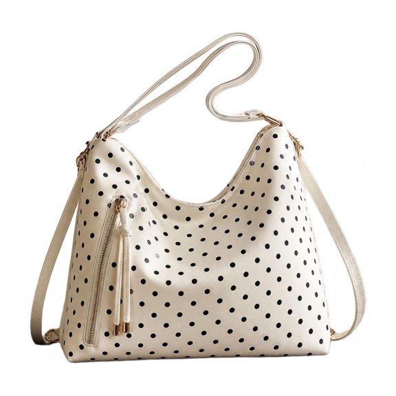 MYUNNIL Polka Dot Tote Bag for Women, 9.8 x 10.7" Vintage Large Capacity Adjustable Shoulder Strap Crossbody Bag with Tassel Zipper Pocket, Soft Durable Portable Purse for shopping Daily Use, White