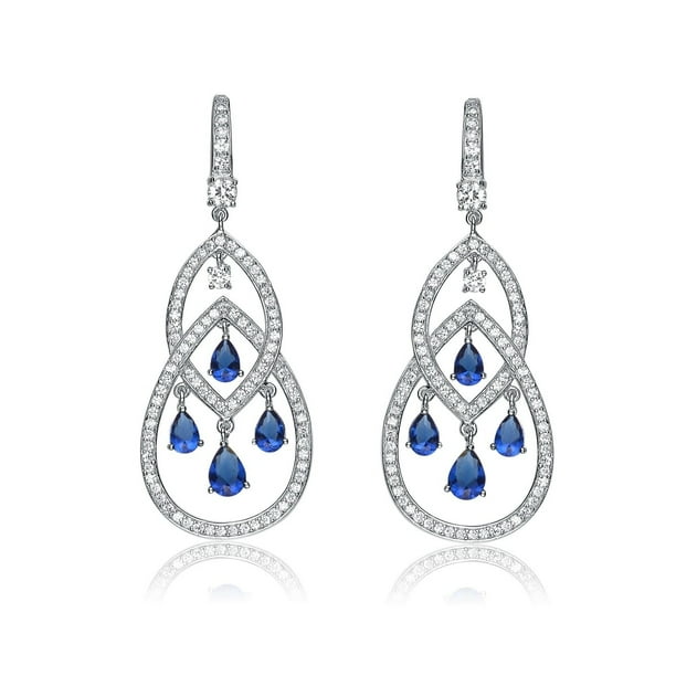 Collette Z Sterling Silver With Rhodium Plated Sapphire Blue Pear Clear Round Cubic Zirconia Two Chandelier Earrings White Com Rhodium Plated Sapphire Blue Pear, Rhodium Chandelier Cubic Zirconia Earrings