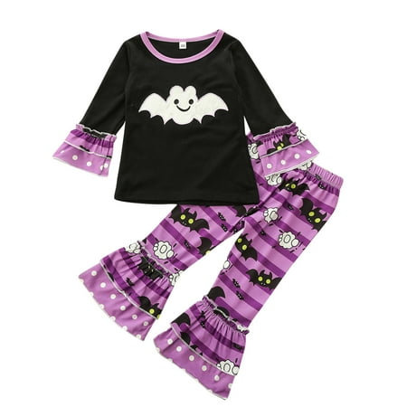 

JAHH Workout Outfits Sets for Children s Toddler Kids Girls Outfit Halloween Pumpkin Prints Long Sleeves Tops Bell Bottom Pants 2pcs Set for Fashion Casual Breathable (5-6 Years Purple)