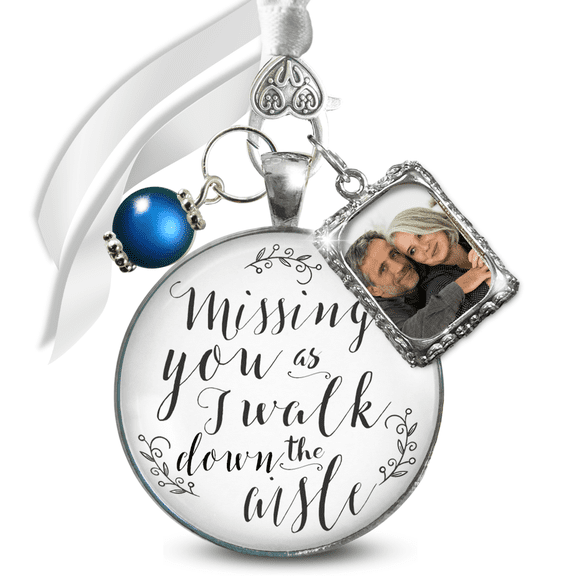 Wedding Bouquet Memorial Charm for Bride Missing You As I Walk Down the Aisle Silver White Pendant Something Blue Bead Photo Frame
