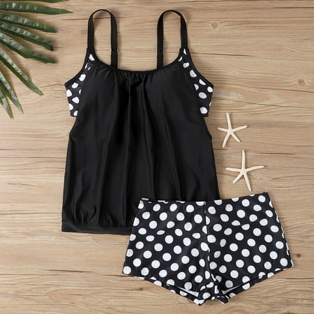 Busydd Plus Size Swimsuit for Women S-5XL Trendy 2 Piece Bathing Suits Round Neck Straps Tankini Swimsuits for Women with Boyshorts