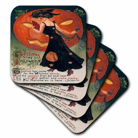 

3dRose Vintage Halloween Lady in Black Soft Coasters set of 4