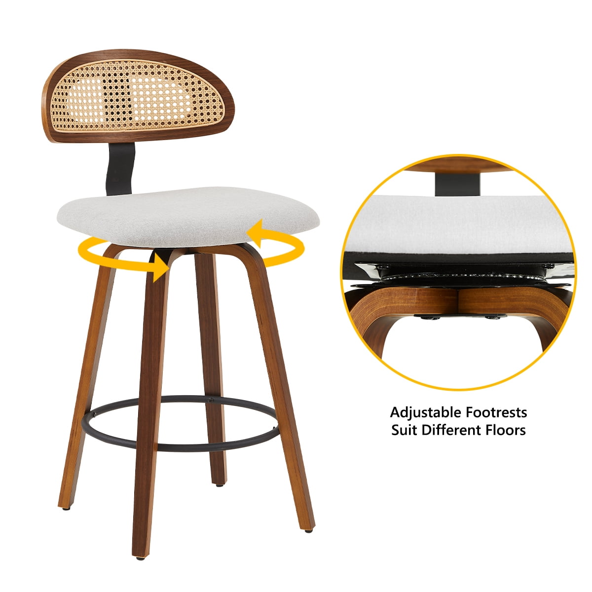 360° Swivel Rattan Bar Stools Set of 1, Counter Height Modern Kitchen Island Stools With Footrest, Uphostered Cushion, Comfortable Durable, Grey