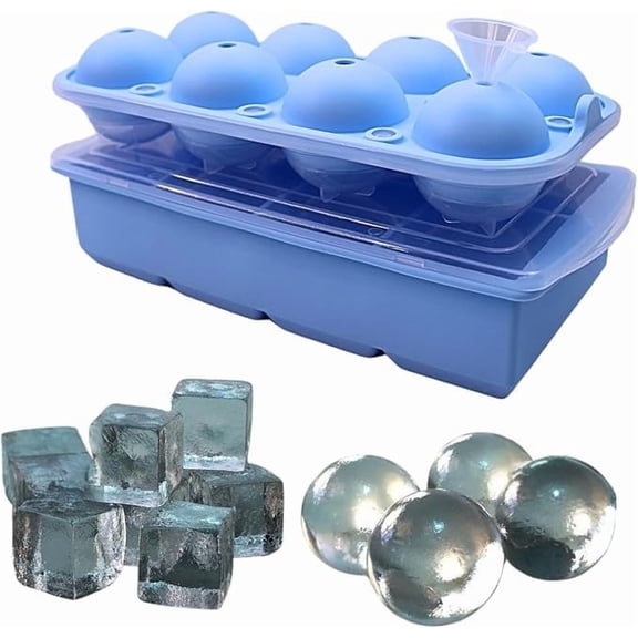 Silicone Ice Cube Tray with Lid, 8 Sphere Molds, Blue, Big Square Ice Cube Maker for Drinks, large size 8 cube and ball mold pack of 2