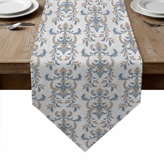 Blue Tan Flower Table Runner Linen Burlap Table Runner 60 Inches Long Abstract Vintage Ethnic Tribal Boho Dresser Scarves for Kitchen Island Coffee Dining Room Party Holiday Decoration 13"x60"