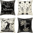 thumbnail image 2 of Happy Halloween Black and White Pillow Covers Set of 4 Fall Pumpkin Witch Hat Shoes Skull Floral Print Scary October Throw Pillow Cases Moon Night Bat Crow Spider Web Cushion Cover 18”x18”, 2 of 6