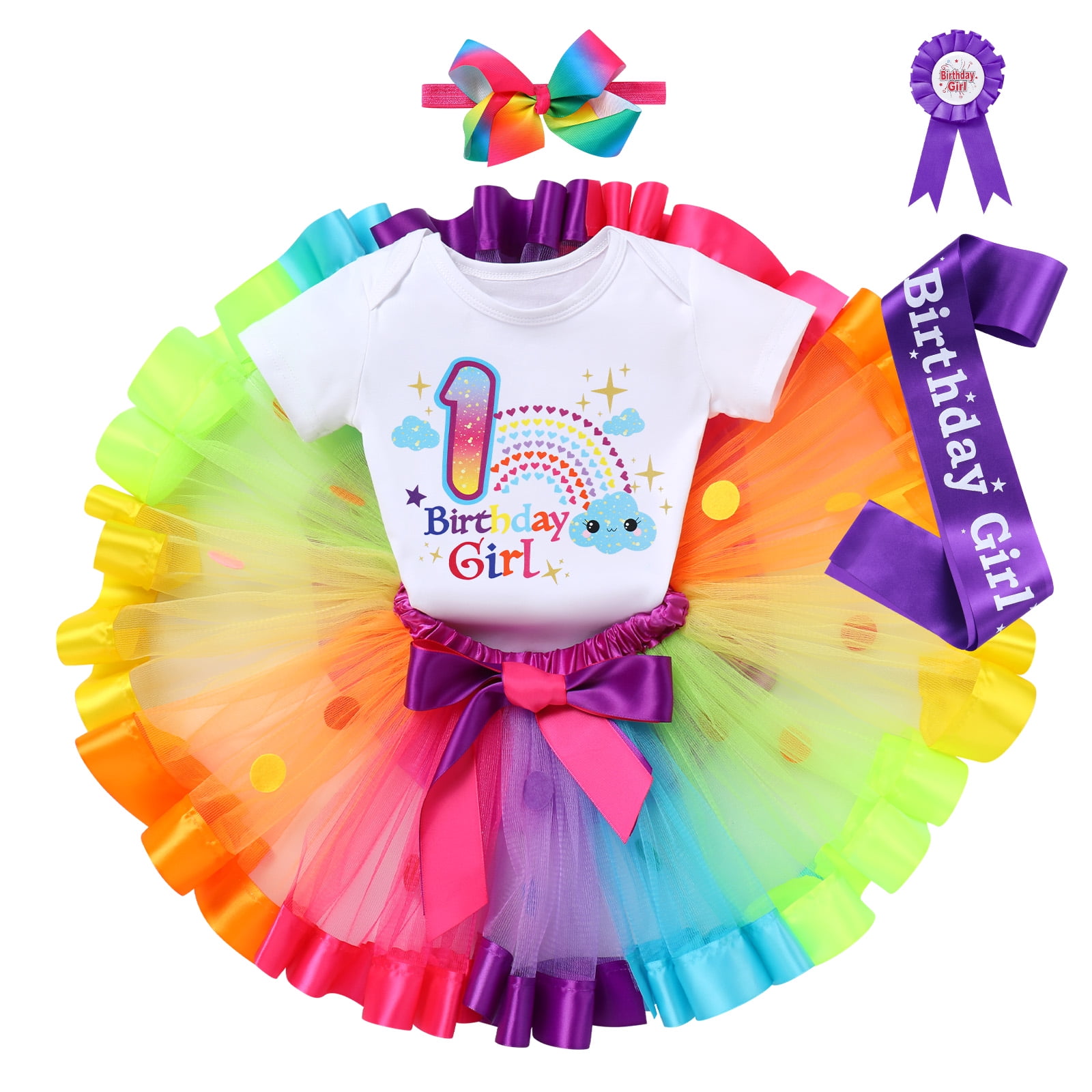 IBTOM CASTLE Toddler Baby Girl Unicorn 1st 2nd 3rd Birthday Outfit Romper + Rainbow Tutu Skirt + Headband + Sash + Badge 5PCS Princess Dress up Clothes Set for Cake Smash Photo Shoot