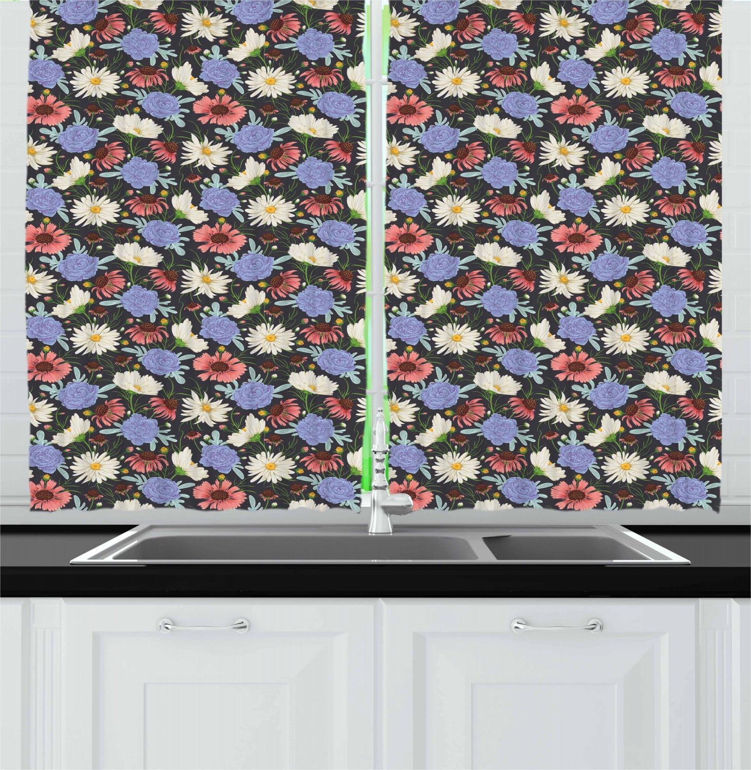 Floral Curtains 2 Panels Set, Blooming Chamomile Sagebrush Geranium Bouquet Foliage Vintage Meadow Boho Print, Window Drapes for Living Room Bedroom, 55W X 39L Inches, Multicolor, by Ambesonne