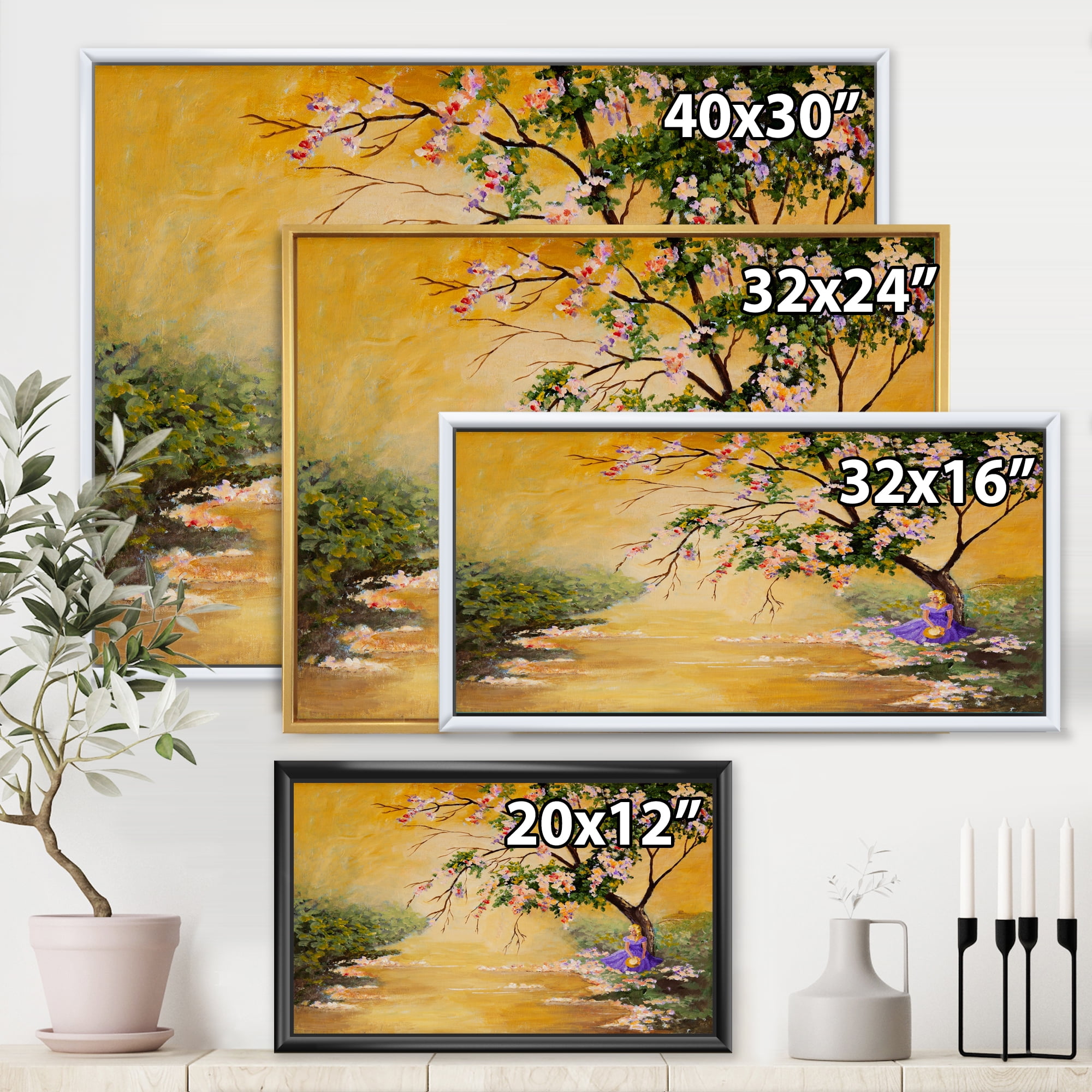 Designart 'Beautiful Girl Standing By The Flowering Tree' Traditional Framed Canvas Wall Art Print
