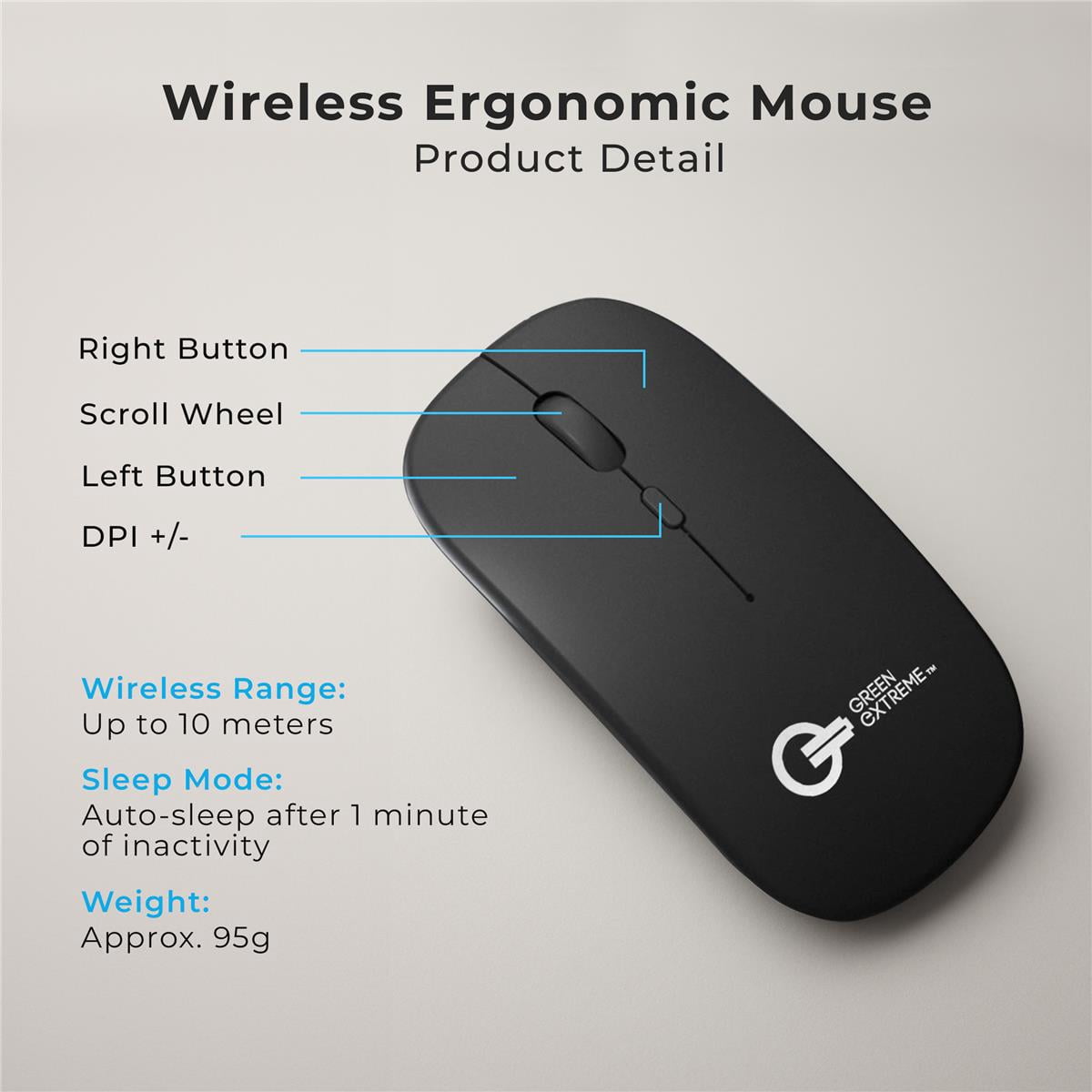 Green Extreme Wireless Ergonomic Mouse, Bluetooth 5.0 and 2.4G (Black)
