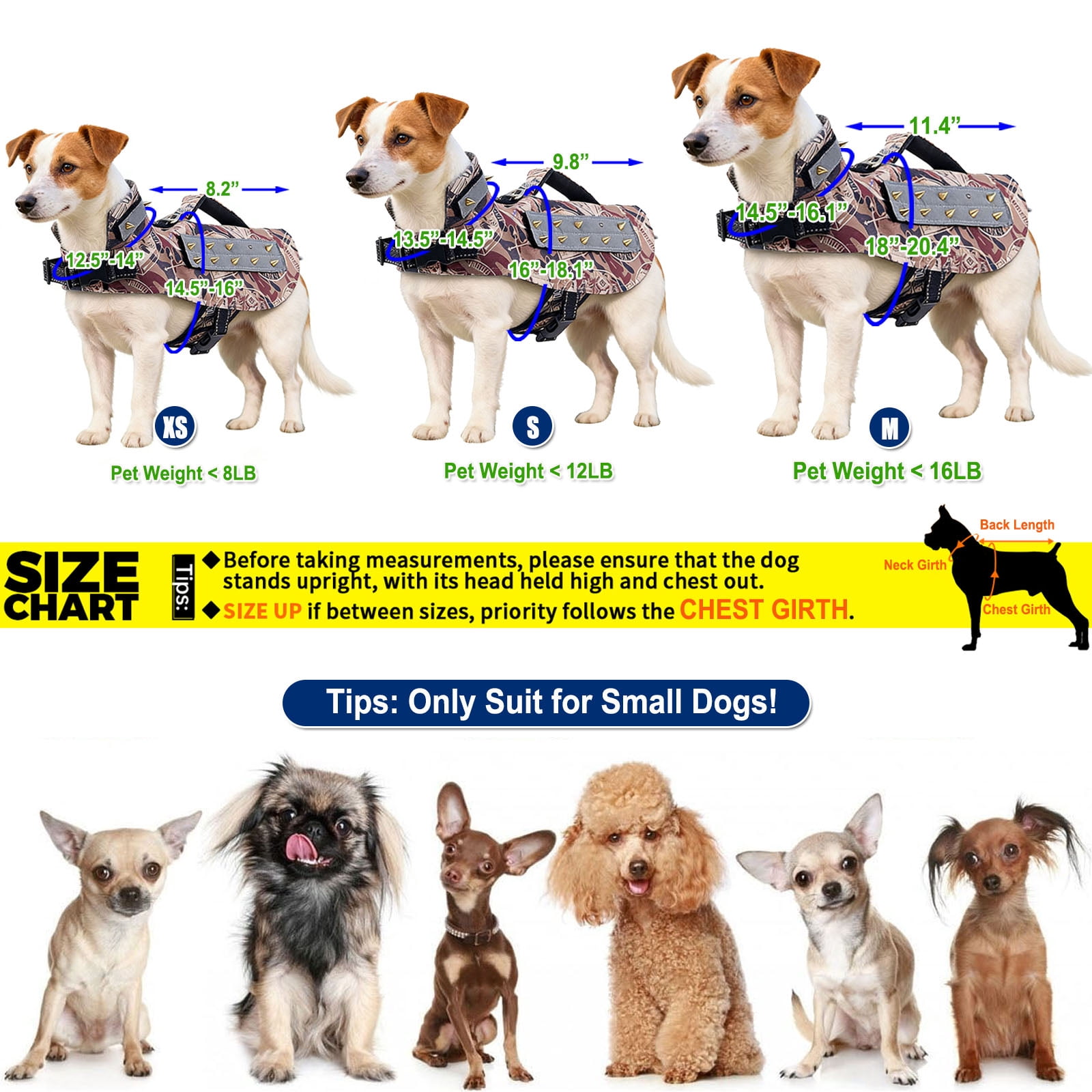Spiked Small Dog Vest,Reflective Dog Harness Vest with Removable Spikes, Anti-Bite & Predator Protective Dog Jacket with D-Ring & Breathable Linings Green M