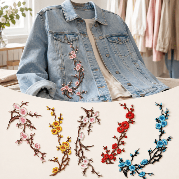 5-Piece Plum Blossom Embroidered Patch Set, 14.17 x 5.51 in Iron-On and Sew-On Floral Appliques for Jackets, Jeans, Bags and DIY Clothing Decor