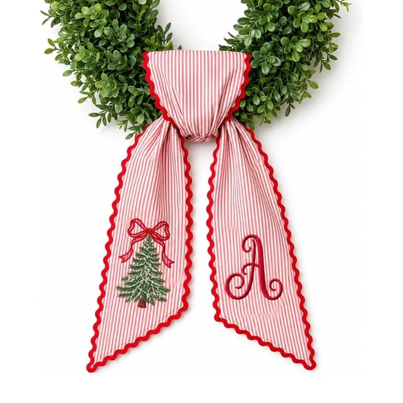 Personalized Christmas Wreath Sash with Monogram and Embroidery, Scalloped Trim, Farmhouse Holiday Decor for Wreath Mantel Porch Christmas Gift(lxf)