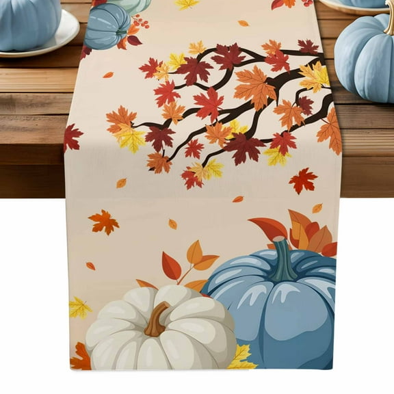 ERUNPONLY Orange Blue Pumpkin Fall Table Runner - 60 Inch Long Branches Thanksgiving Maple Leaf Cotton Linen Blended Dress Scarves Farmhouse Table Runner for Kitchen Dining, Coffee Table, 13" x 60"