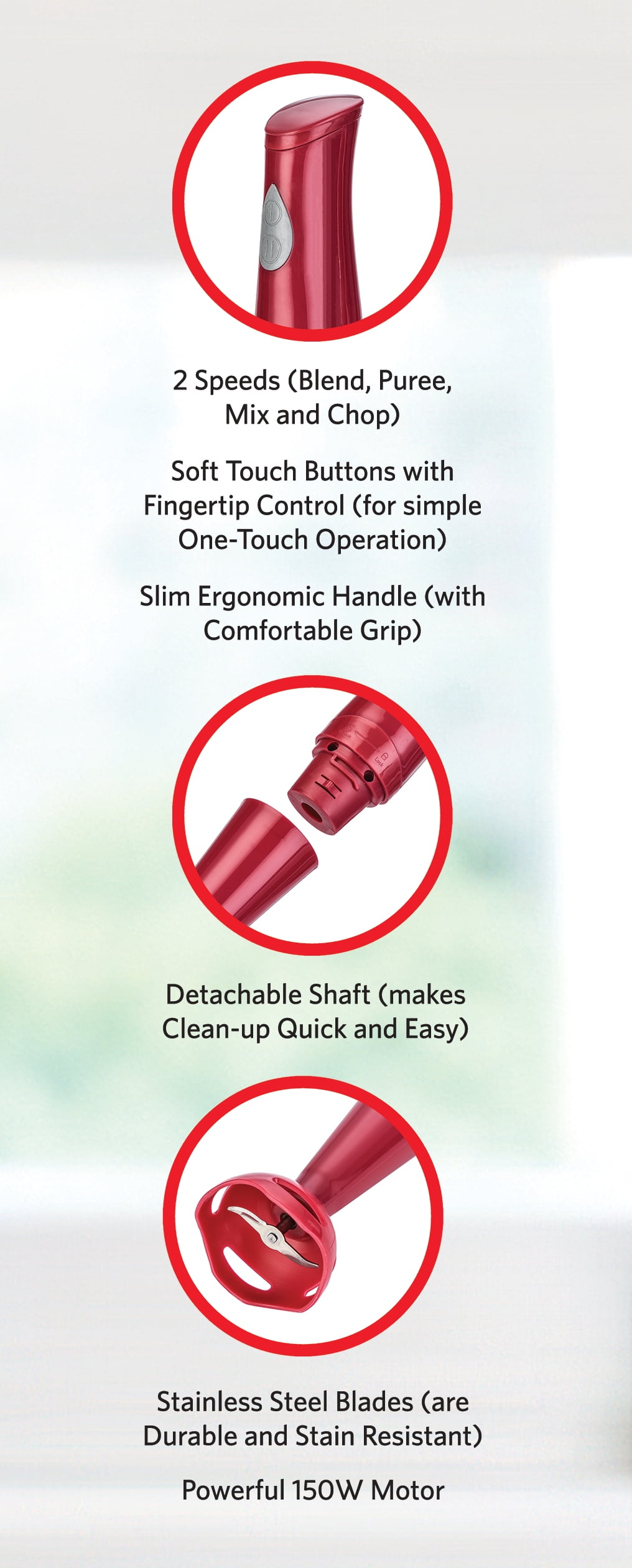 EUROSTAR EH401R 2-Speed Immersion Hand Blender with Detachable Shaft, Red