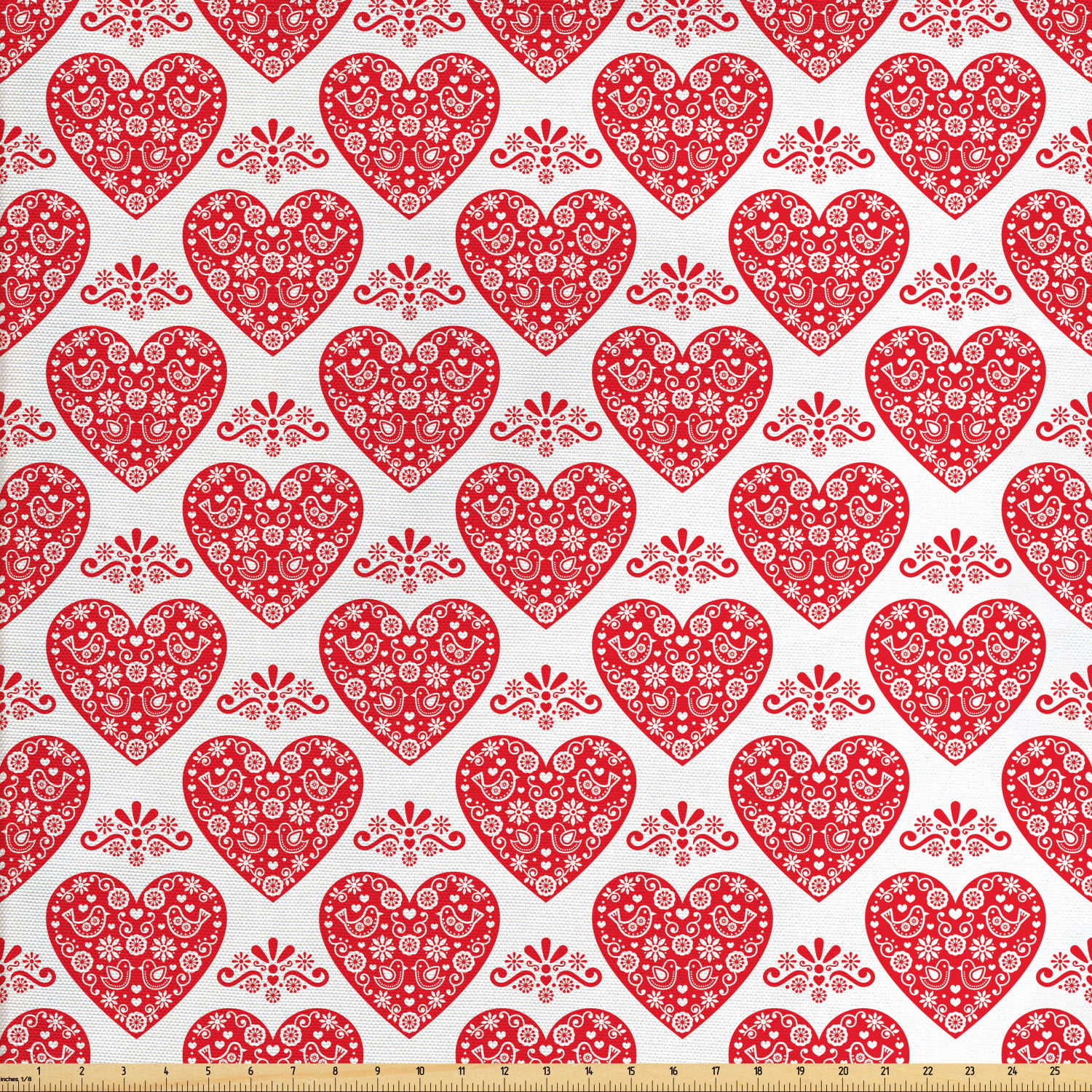 Red Scandi Hearts Fabric Beige Cotton Canvas Upholstery Fabric 