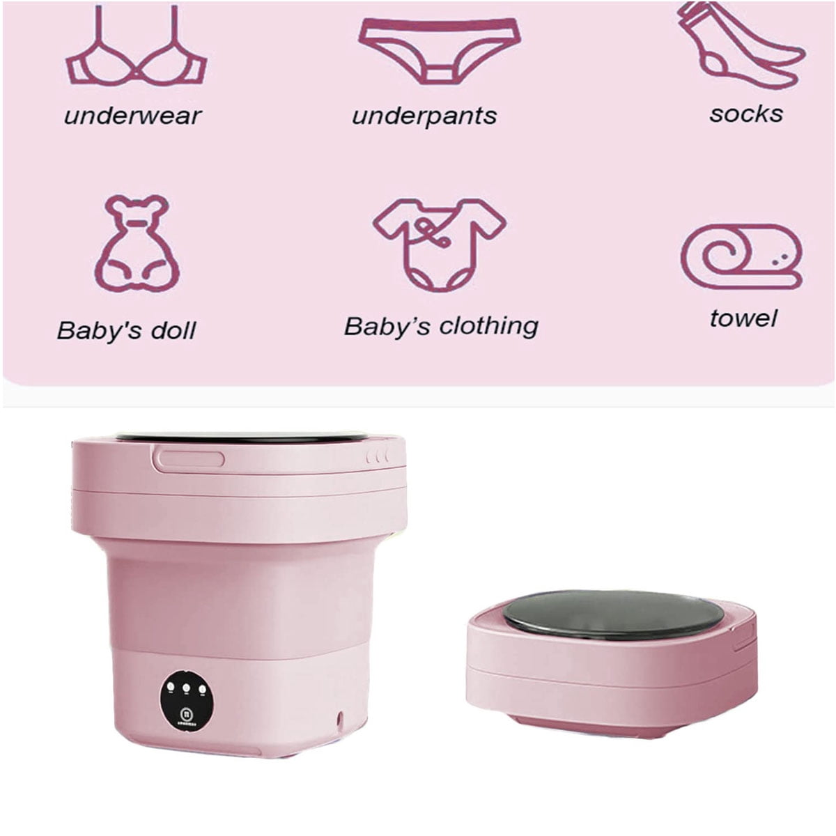 Portable Washing Machine, Foldable Mini Washer with Drain Basket, 3 Modes Deep Cleaning - 6.5L High Capacity for Lingerie, Personal, Baby, Delicates Cleaning(Pink)