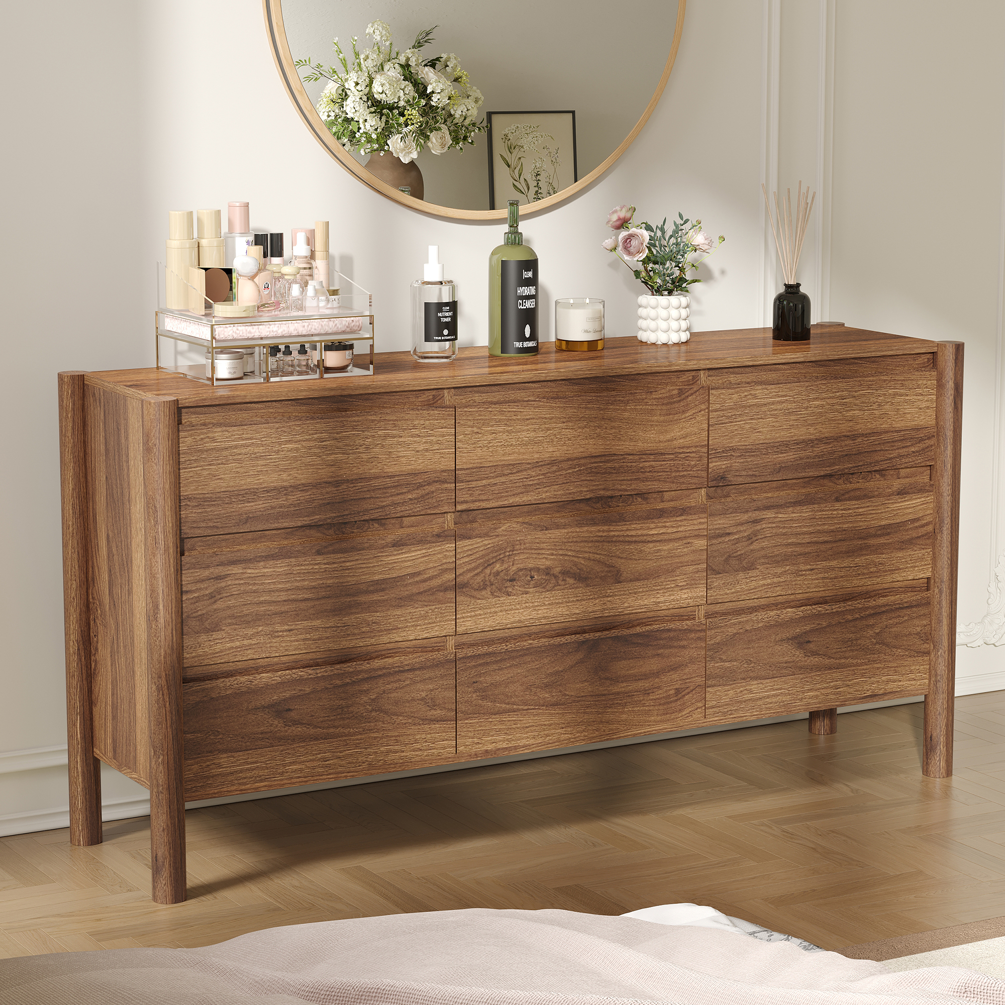 HOUROM Dresser for Bedroom,9-Drawers,63" Wide Farmhouse Large Dressers & Chest,4 Solid Wood Legs,TV Stand, Storage Organizer Furniture for Bedroom(Brown)