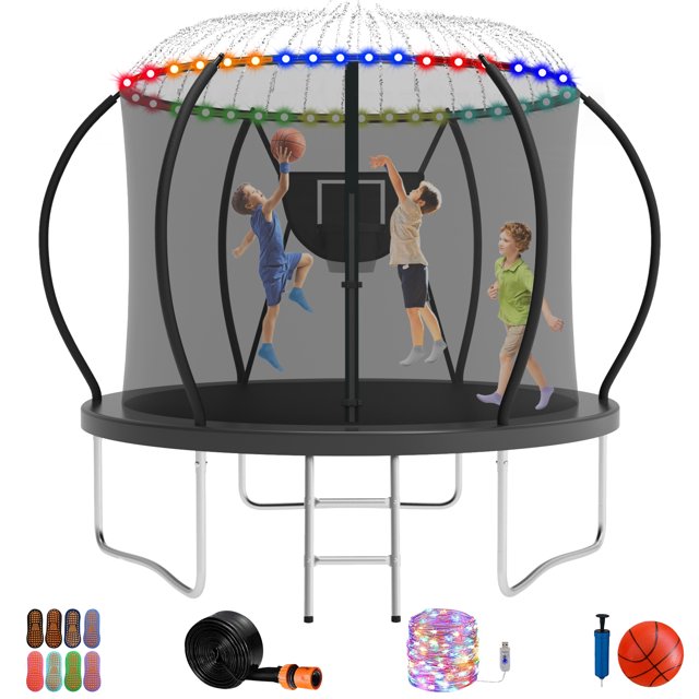 Jump Into Fun Trampoline, Trampoline de 8 Pi 800 Lb pour Adultes et Enfants, Trampoline avec Enceinte, Panier de Basketball et Ballon, Lumière DEL et Plus de Cadeaux, Trampoline Extérieur Robuste en Forme de Citrouille