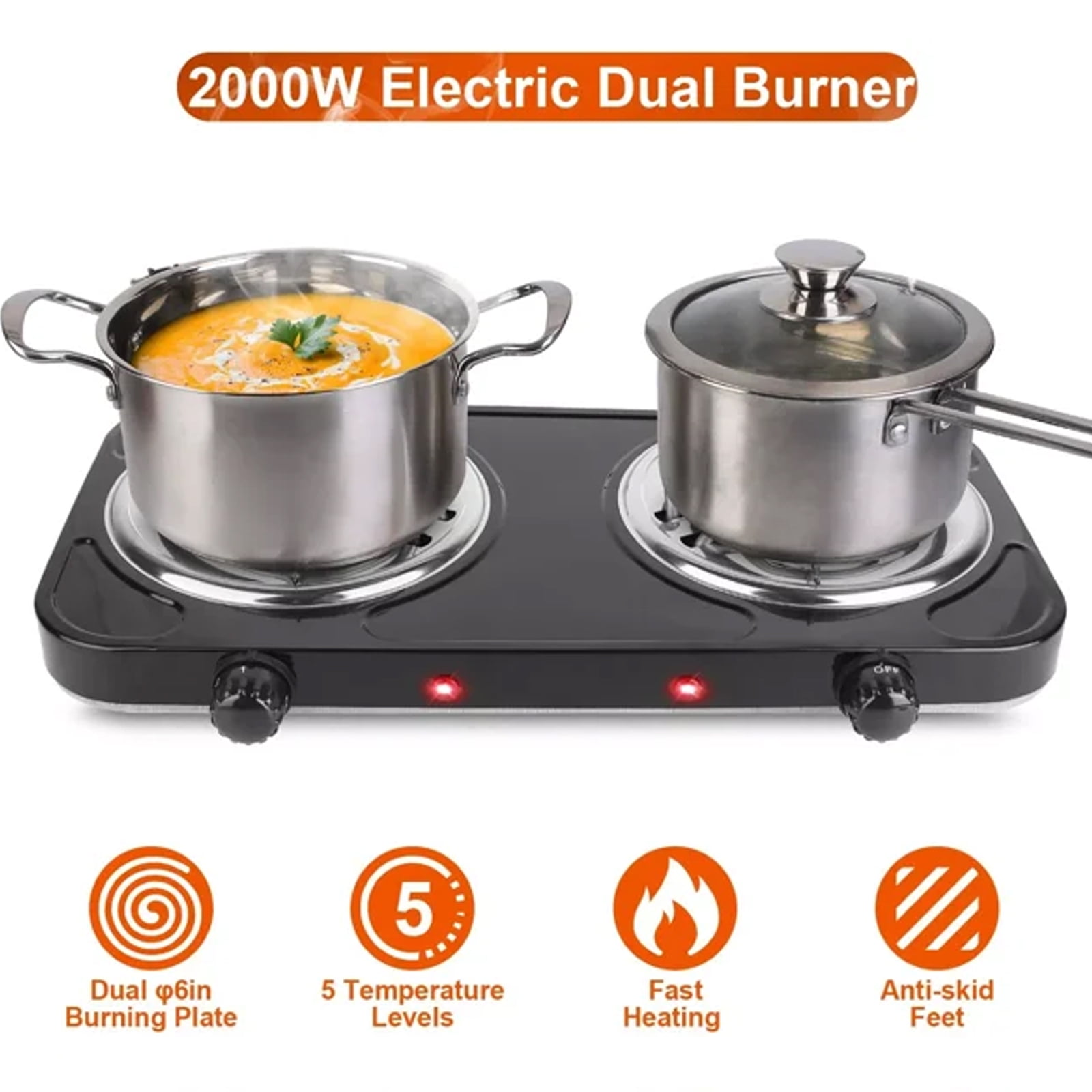 LASIEYO 2000W Electric Double Burner Electric Hot Plate Heating Stove with 5 Adjustable