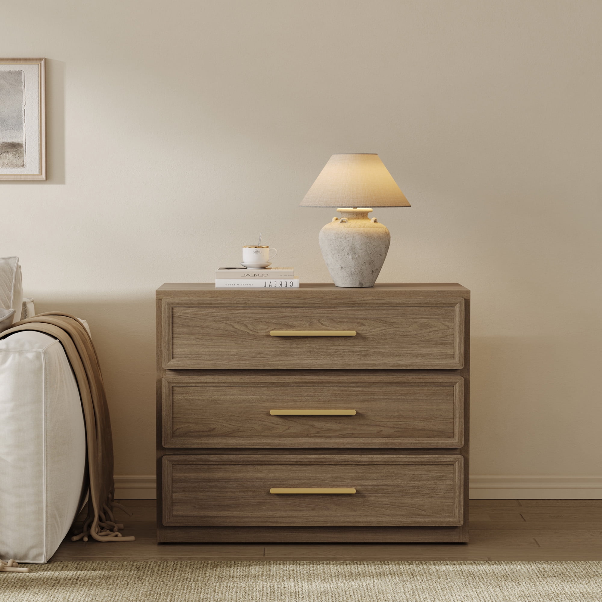 SICOTAS 31.3" W 3-Drawer Nightstand Set of 2 with Oversized Large Storage , Modern Night Stands Bedside Table with Adjustable Feet & Gold Handles for Bedroom Living Room Entryway, Walnut