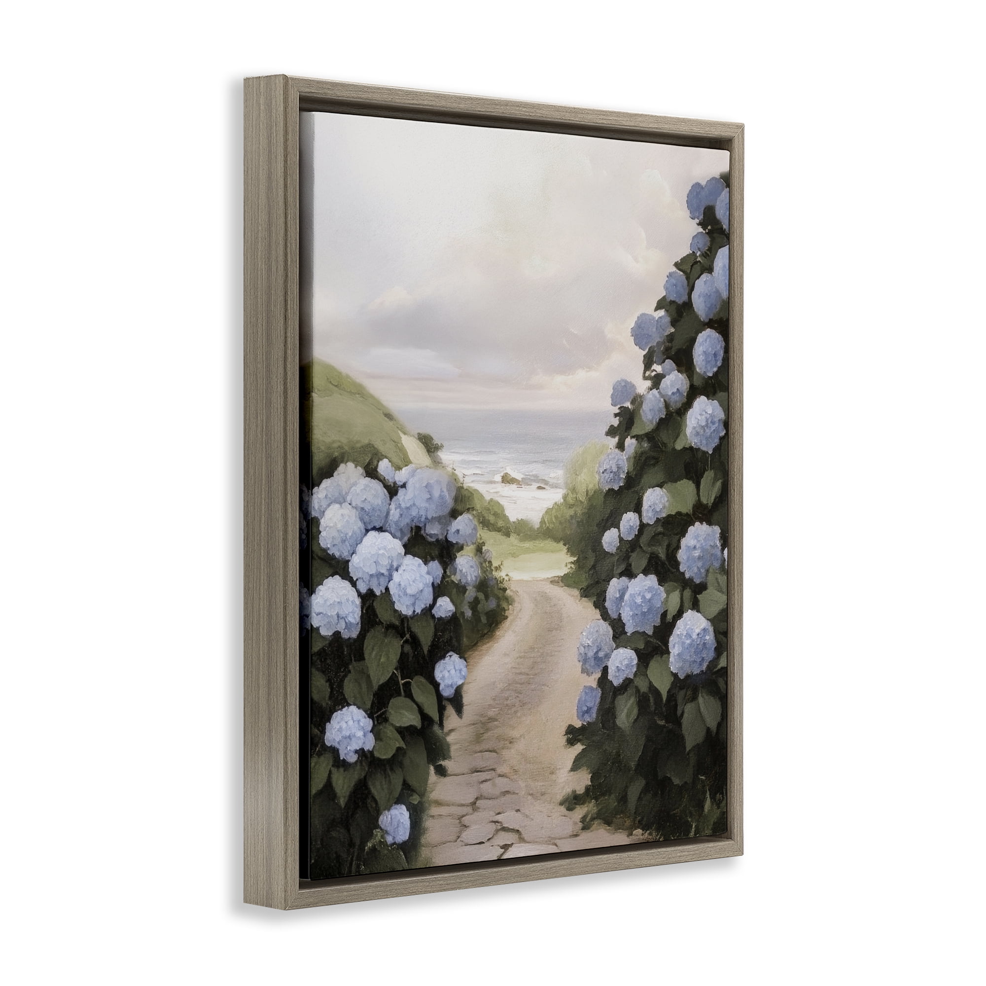 Stupell Industries Coastal Hydrangea Pathway Brown Framed Floater Canvas Wall Art, design by Sisi and Seb