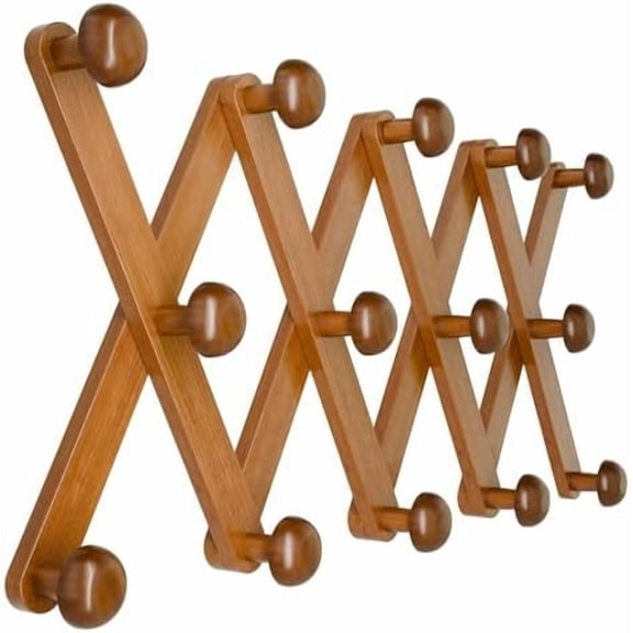 Hat Rack for Wall with 14 Hooks, Solid Wooden, Expandable Coat Rack Wall Mount for Coats, Hats, Bags, Baseball Caps, Brown