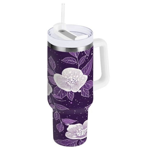 Stainless Steel Tumbler with Straw and Handle, Double Wall Insulated Tumblers, Purple and White Floral Pattern