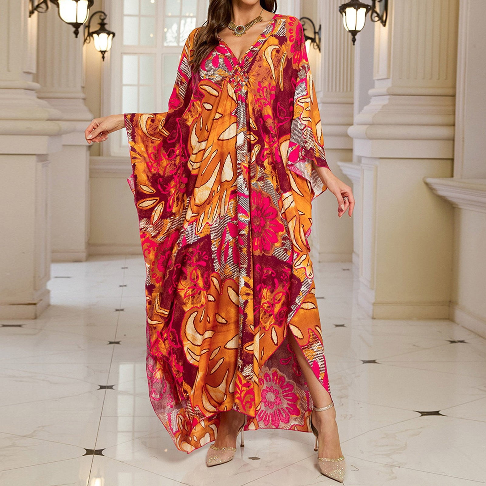 Women Kaftan Dresses Cover Ups Vintage Boho Printed Long Sleeve V Neck Beach Dress Lightweight Vacation Sheer Bathing Suits