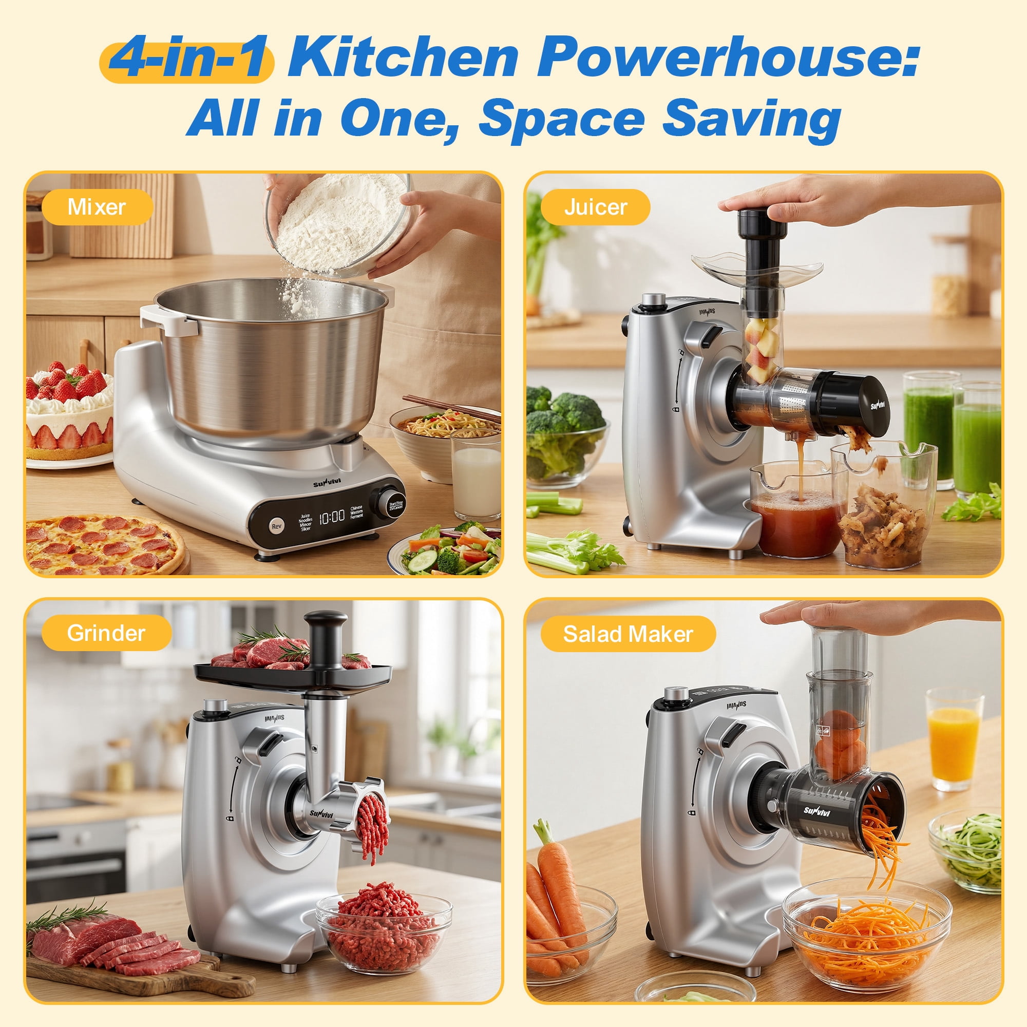 Sunvivi 4-in-1 Stand Mixer 5.3QT with Fermentation, Electric Dough Mixer with Juicer, Meat Grinder & Salad Maker