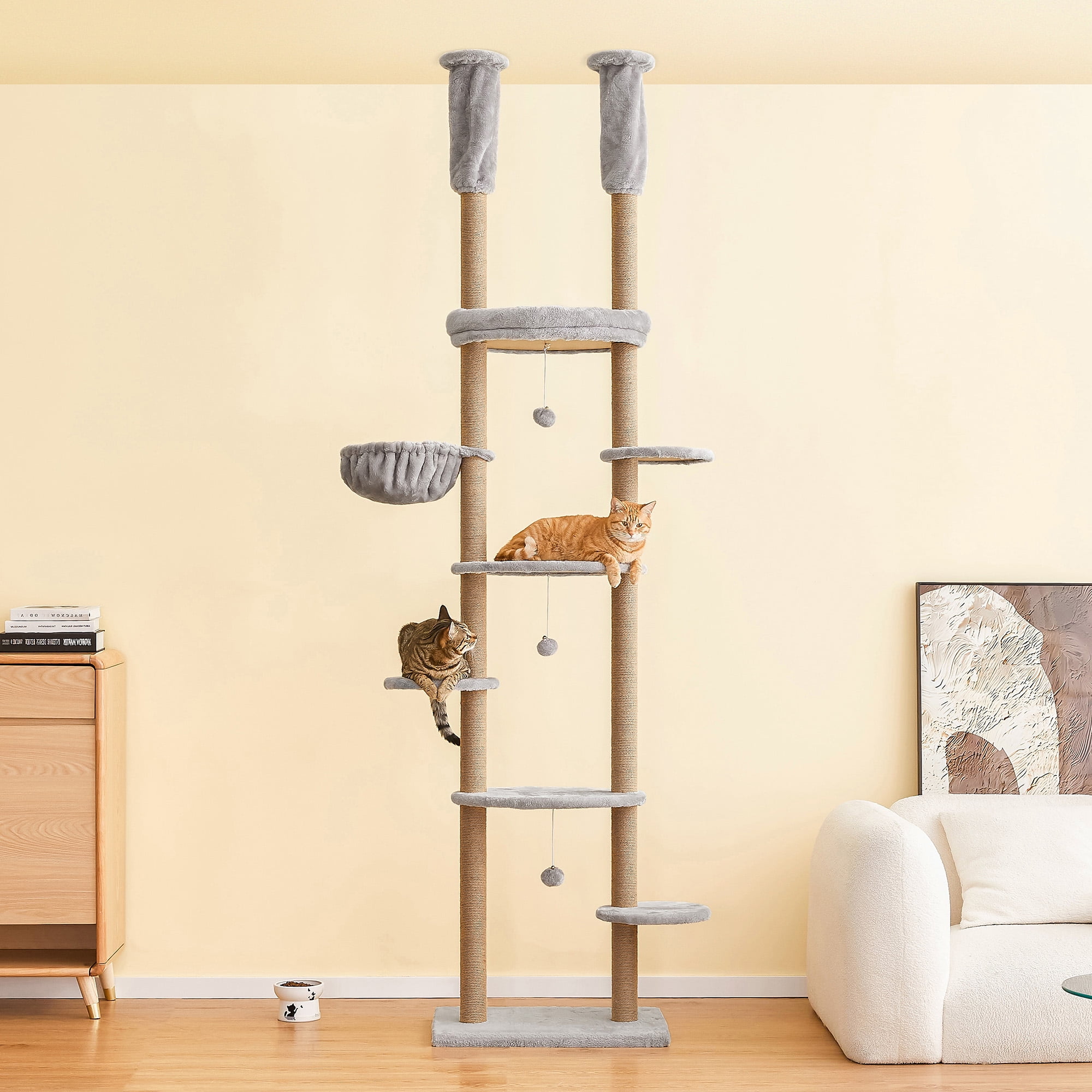 Furcato 92.1"-101.6" Adjustable Height Cat Tree, Floor to Ceiling Cat Tower, 7 Tiers Cat Climbing Tree with Hammock, Fully Sisal Scratching Posts for Indoor Cats, Light Grey