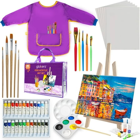 glokers Kids Painting Supplies Set - Arts Set with Acrylic Paints, Easel, Paintbrushes, Canvases, Palettes, Smock & Travel Storage Bag - Premium Children's Arts & Crafts Supplies
