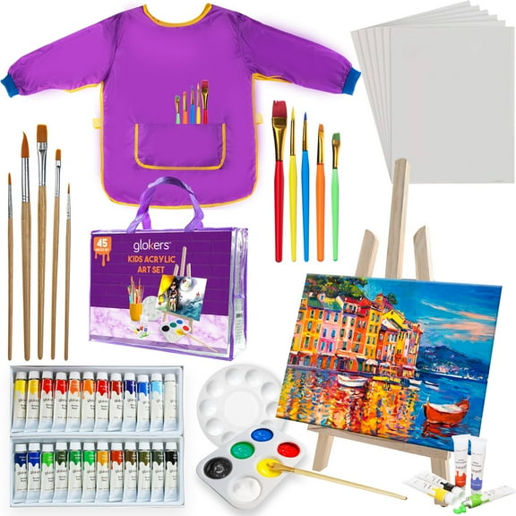 glokers Kids Painting Supplies Set - Arts Set with Acrylic Paints, Easel, Paintbrushes, Canvases, Palettes, Smock & Travel Storage Bag - Premium Children's Arts & Crafts Supplies