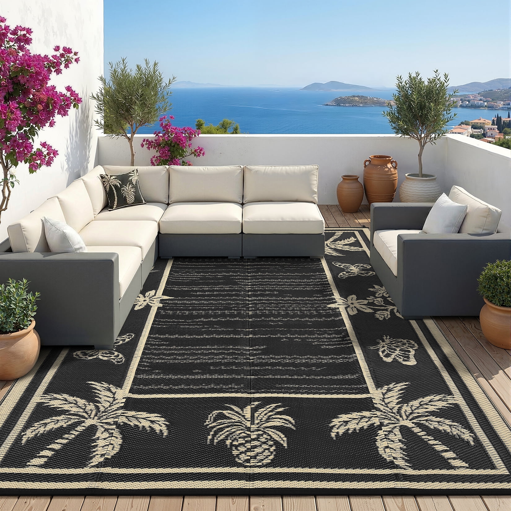 Nanan 9'x12' Outdoor Rug, Waterproof Reversible Patio Rug, Portable Foldable Floor Cover for Camping, Picnic, Beach, Deck, Backyard, Black Coffee