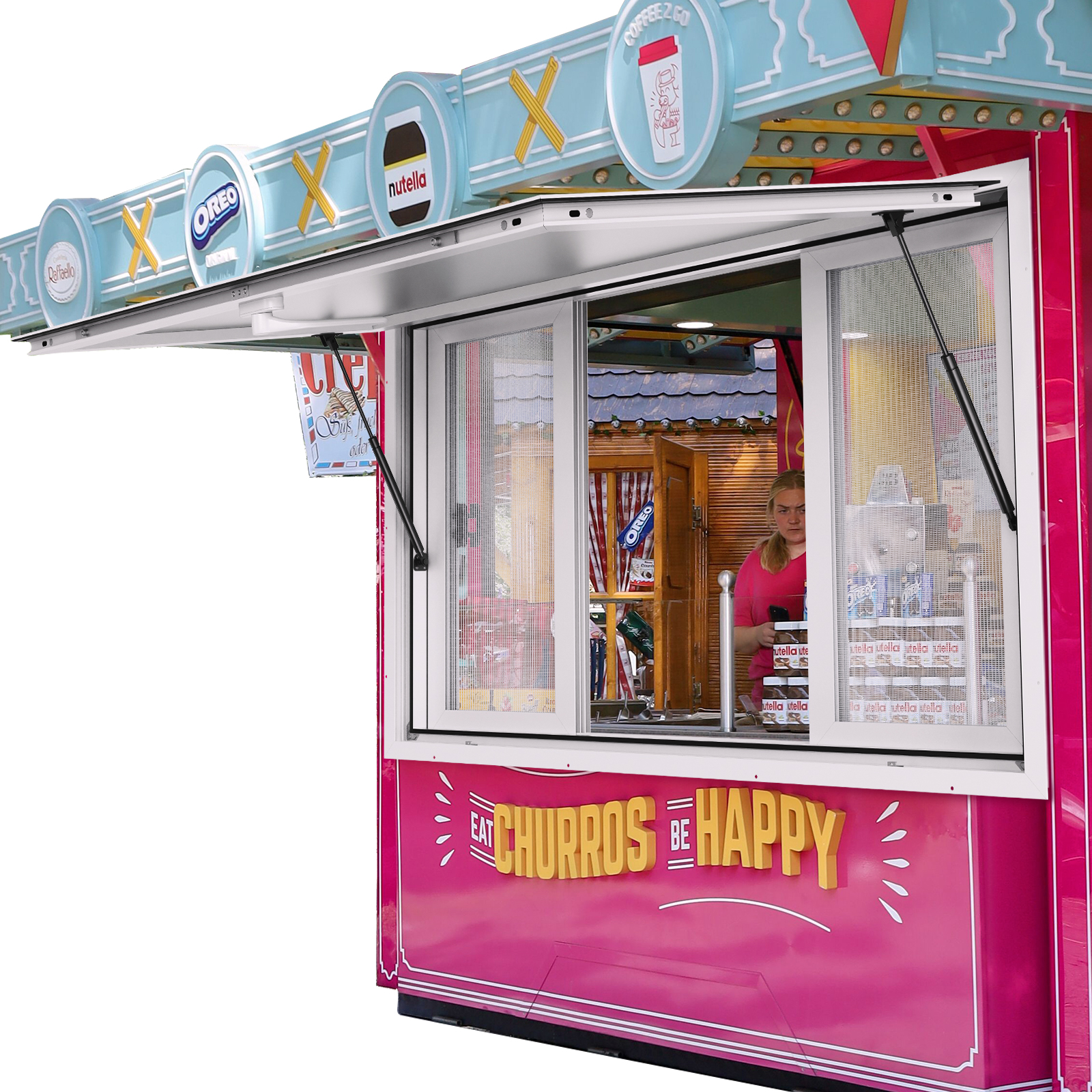 KFFKFF 60"L x 36"W Concession Window for Food Truck Service Awning Aluminum Alloy Concession Stand Serving Window Door with 4 Horizontal Sliding Screen Windows & Awning Door & Drag Hook