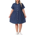 thumbnail image 1 of Vestido de mezclilla babydoll de talla grande para mujer Agnes Orinda, con botones, cuello de solapa, mangas cortas, vestido casual de camisa de jean con bolsillos 1X azul oscuro, 1 of 8