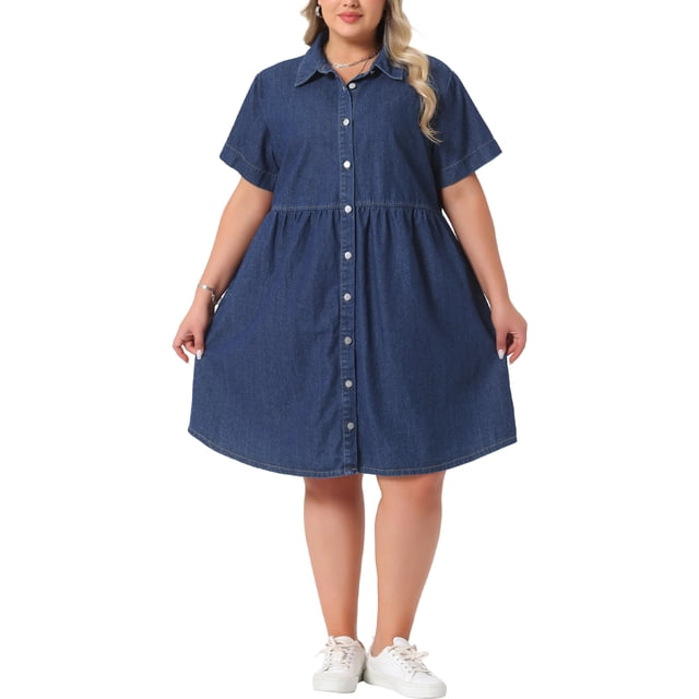 Vestido de mezclilla babydoll de talla grande para mujeres Agnes Orinda, con botones, cuello de solapa, mangas cortas, vestido casual de camisa de jean con bolsillos 1X azul oscuro