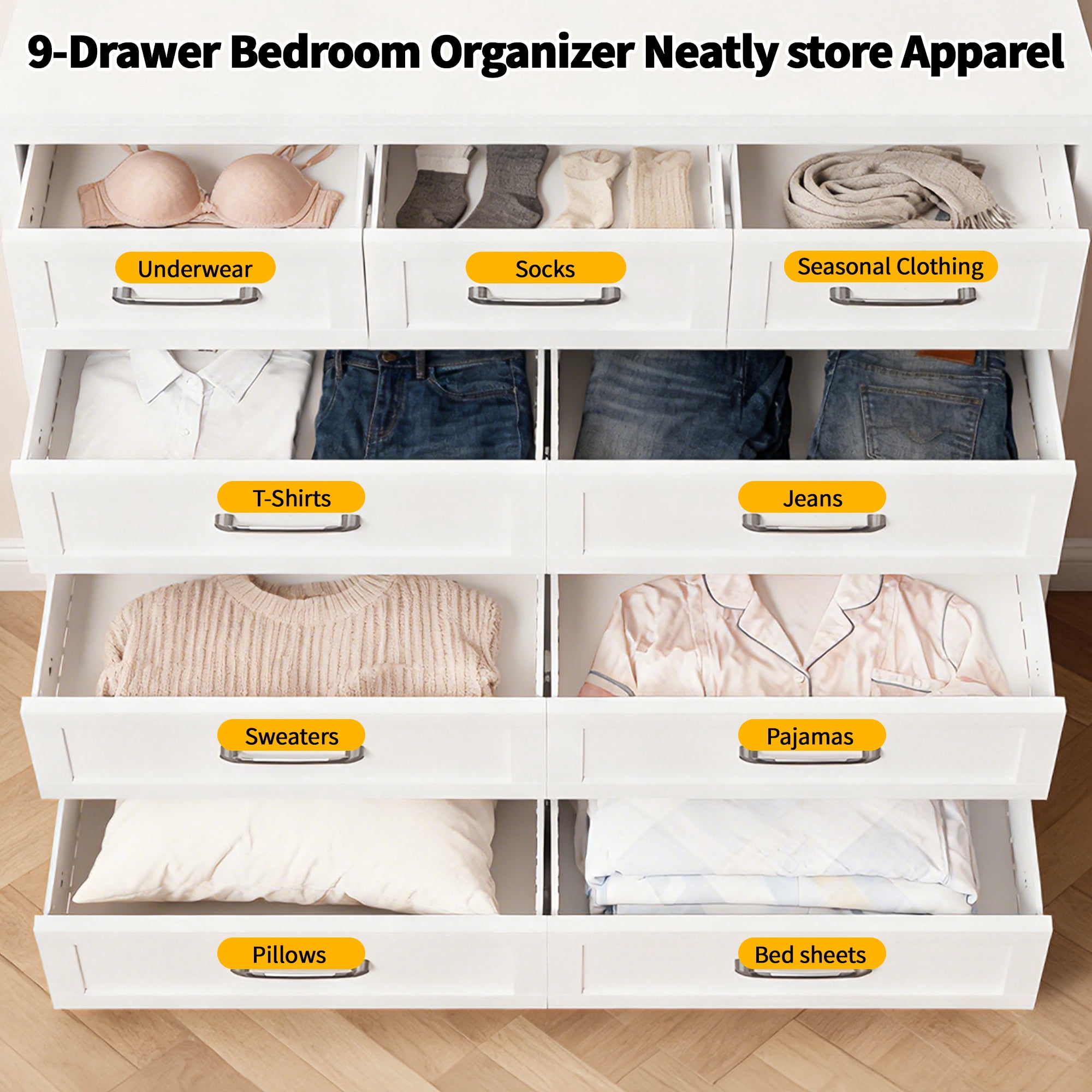 Aukfa 9-Drawer Tall Metal Dresser, Steel Storage Cabinet, Space Saving Chest of Drawers with Smooth Gliding Tracks