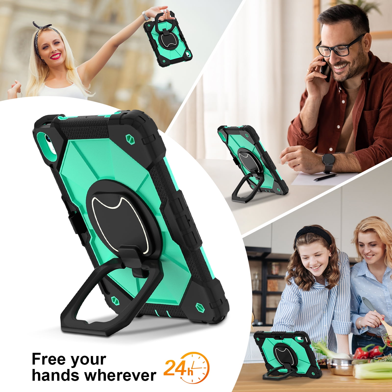 Dteck Case for iPad (A16) 11th/10th Generation 10.9 inch 2025/2022,Rotating Stand & Pencil Holder & Hand Grip & Shoulder Strap Shockproof iPad 11th/10th Generation Case (11th/10th Gen),Black + Mint