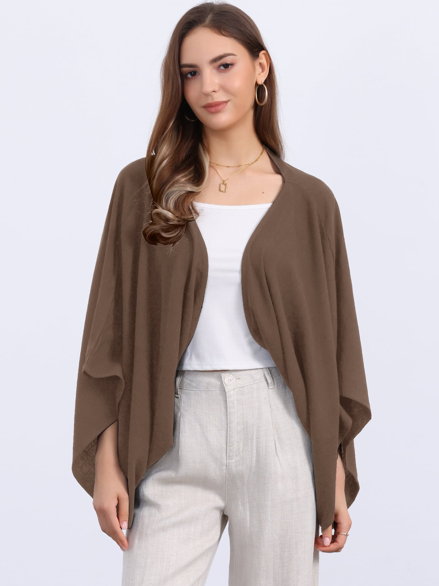 DARING DIVA Women's Linen Cardigan 3/4 Sleeve Open Front Lightweight Shrug M Dark Brown