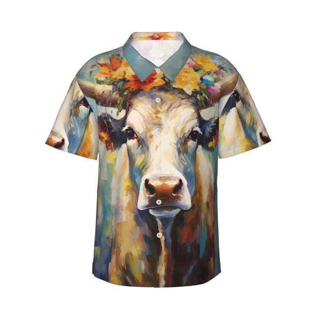 Fotbe Oil Painting Flower Cow Camisa Hawaiana para Hombre Unisex – Camisa Casual de Verano con Botones de Manga Corta de Algodón y Lino,Large