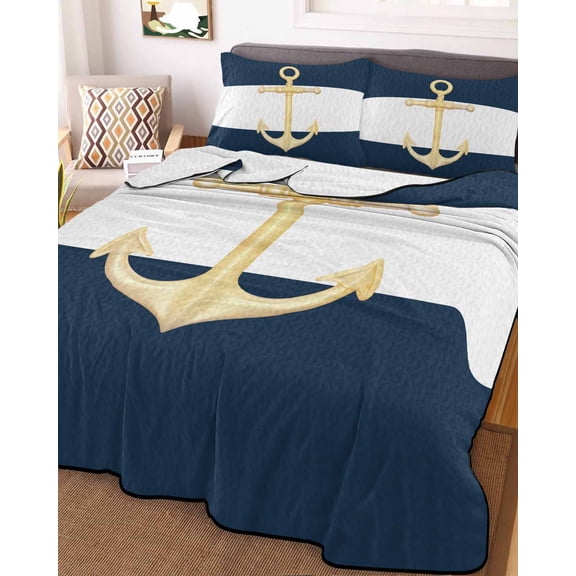 Yellow Anchor Nautical Queen Size Down Alternative Comforter, Lightweight Comforter Quilt Bedding Set with Pillow Shams Navy Blue White Striped All Seasons Bed Comforter Duvet Insert 90"x96"