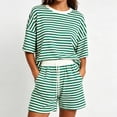 thumbnail image 3 of QIbmong Summer Sets for Women 2 Piece Striped Pajamas Set Short Sleeve Crew Neck Tops and Loose Shorts Casual Pjs Outfits(XL,Green1), 3 of 9
