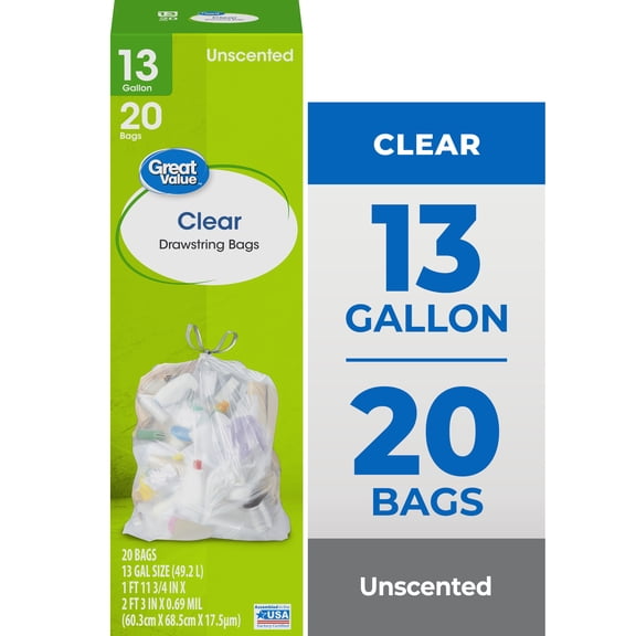 Great Value 13-Gallon Clear Drawstring Tall Kitchen Bags, 20 Bags
