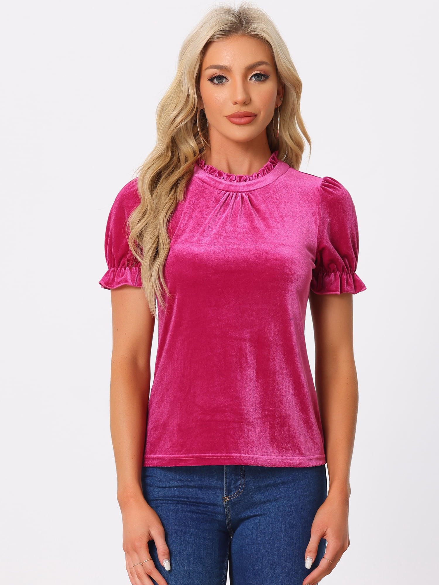 DARING DIVA Women's Ruffle Collar Shirt Velvet Tops Blouse XS Hot Pink