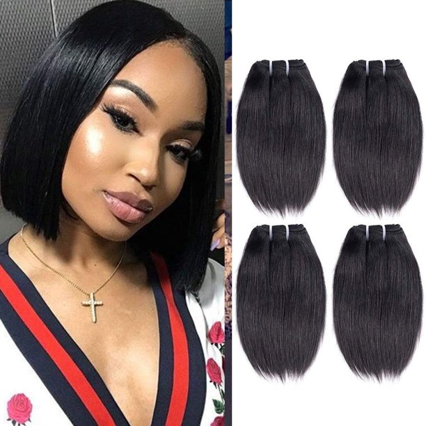 Liang Dian Paquetes de cabello humano corto de 8 pulgadas, color natural, 4 paquetes de cabello virgen brasileño 12A, paquetes de cabello humano liso sin procesar (8 "8" "8" "8")