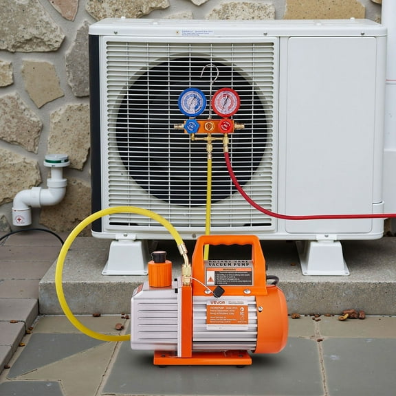 Heavy Duty 4 CFM 1/3 HP HVAC Single Stage Rotary Vane Vacuum Pump with Manifold Gauge Kit for Air Conditioning Service