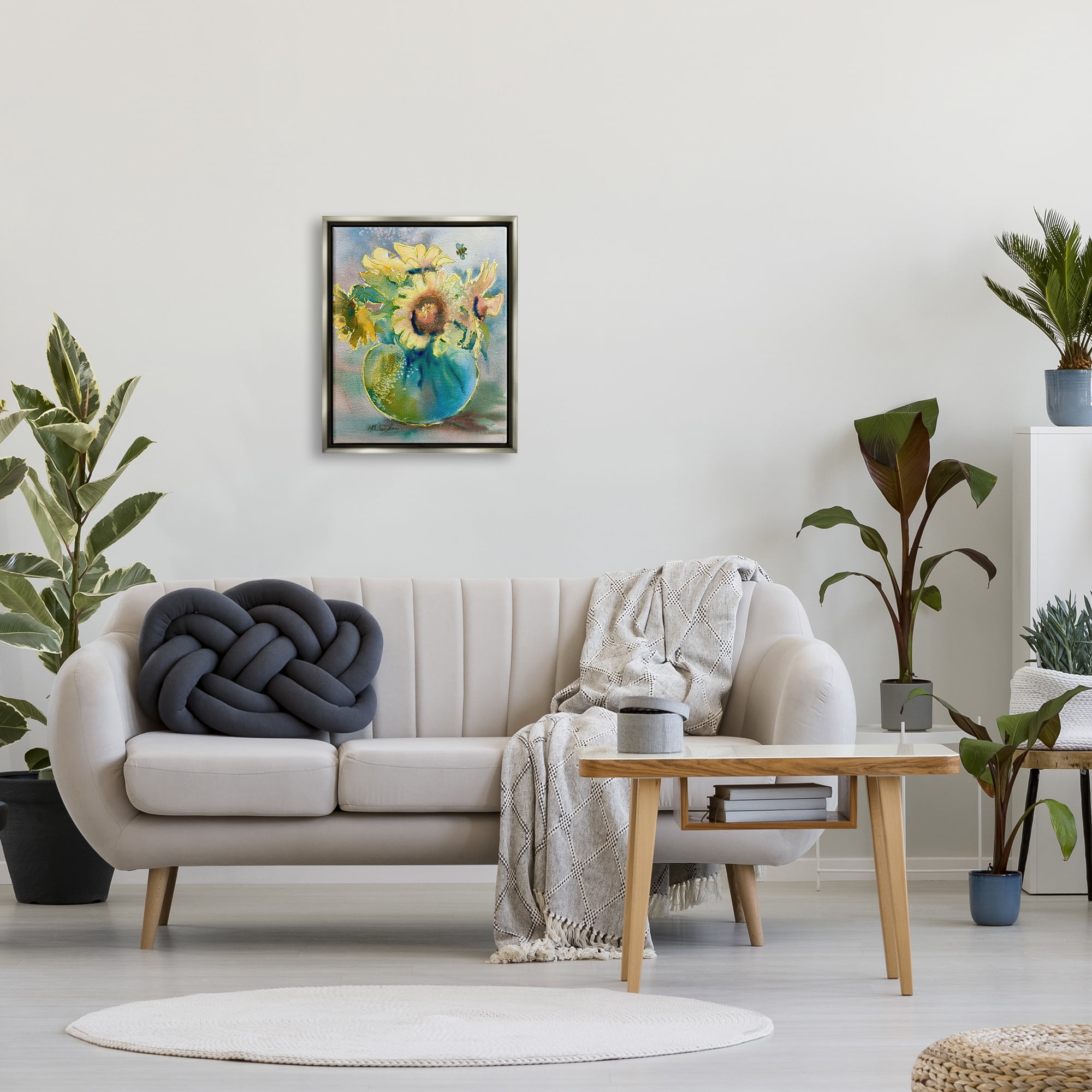 Stupell Industries Modern Yellow Daisies Botanical & Floral Painting Gray Floater Framed Art Print Wall Art, 17 x 21