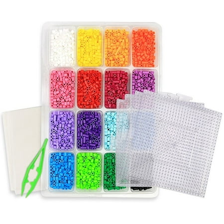 Square Beaded Hoops - Perler Beads Kit - Tray of 16 Fun Color Perler Fuse Beads (4000 beads) With Four Clear Square Pegboard Set Plus a Bead Tweezers and Two Fusion Ironing Paper